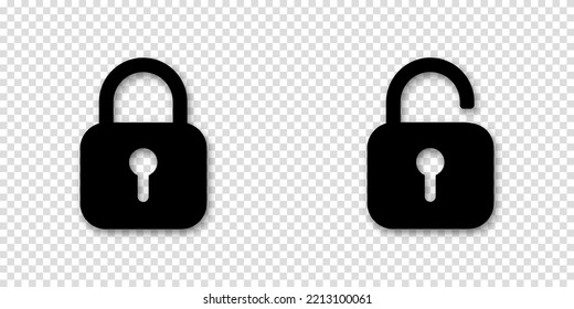 Schwarze Schloss-Symbole. Öffnen und schließen Sie das Vorhängeschloss-Symbol. Schwarze Symbole verriegeln und entsperren auf transparentem Hintergrund mit einem Schatten. Für Website oder mobile App. Vektorgrafik.