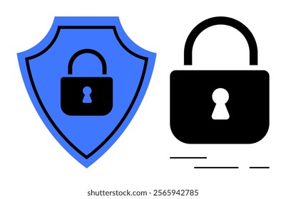 Black lock inside blue shield and separate lock. Ideal for cybersecurity, data protection, online privacy, secure access, information safety. Simple and minimalistic style