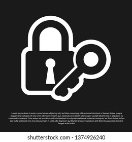 Black Lock and key icon isolated on black background. Padlock sign. Security, safety, protection, privacy concept. Vector Illustration