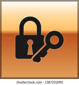 Black Lock and key icon isolated on gold background. Padlock sign. Security, safety, protection, privacy concept. Vector Illustration