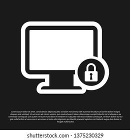 Black Lock on computer monitor screen icon isolated on black background. Monitor and padlock. Security, safety, protection concept. Safe internetwork. Vector Illustration