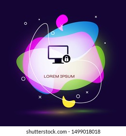 Black Lock on computer monitor screen icon on blue background. Monitor and padlock. Security, safety, protection concept. Safe internetwork. Abstract banner with liquid shapes. Vector Illustration