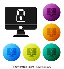 Black Lock on computer monitor screen icon isolated on white background. Security, safety, protection concept. Safe internetwork. Set icons colorful circle buttons. Vector Illustration