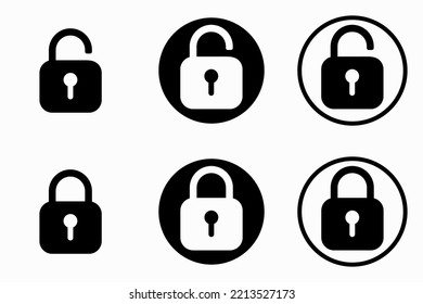 Black lock set icons. Open and closed padlock icon. Collection black symbols lock and unlock on a white background with a shadow. For web site or mobile app. Vector illustration.