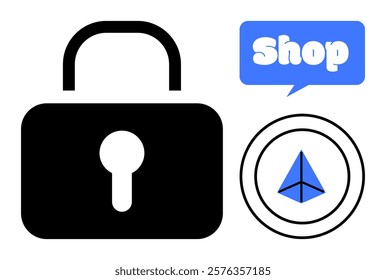 Black lock symbol, blue shop speech bubble, and blue paper airplane icon within a circle. Ideal for e-commerce, online security, website design, digital transactions, user interface