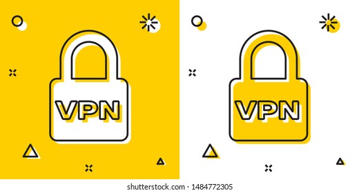 Black Lock VPN icon isolated on yellow and white background. Random dynamic shapes. Vector Illustration