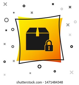 Black Locked package icon isolated on white background. Lock and cardboard box. Yellow square button. Vector Illustration