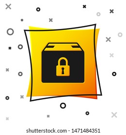 Black Locked package icon isolated on white background. Lock and cardboard box. Yellow square button. Vector Illustration