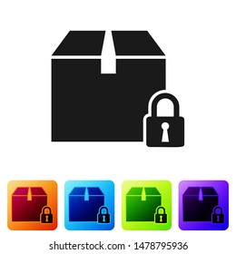 Black Locked package icon isolated on white background. Lock and cardboard box. Set icons in color square buttons. Vector Illustration