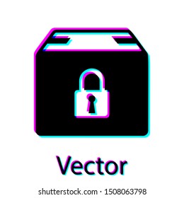Black Locked package icon isolated on white background. Lock and cardboard box.  Vector Illustration