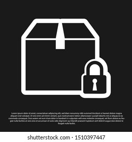 Black Locked package icon isolated on black background. Lock and cardboard box.  Vector Illustration