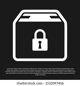 Black Locked package icon isolated on black background. Lock and cardboard box.  Vector Illustration