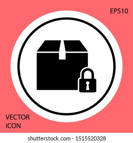 Black Locked package icon isolated on red background. Lock and cardboard box. White circle button. Vector Illustration