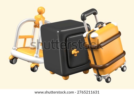 Black locked safe, suitcase, luggage trolley. Set of elements for hotel business advertising, concepts of modern service for guests. Color templates in 3D style