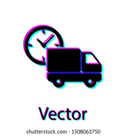 Black Logistics delivery truck and clock icon isolated on white background. Delivery time icon.  Vector Illustration