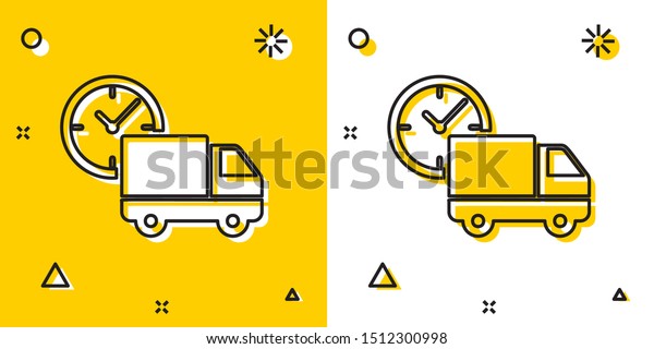 Black Logistics delivery truck and clock\
icon isolated on yellow and white background. Delivery time icon.\
Random dynamic shapes. Vector\
Illustration