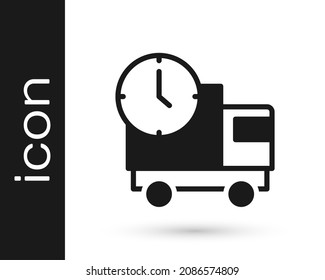 Black Logistics delivery truck and time icon isolated on white background. Delivery time icon.  Vector