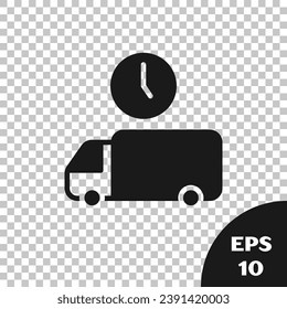 Black Logistics delivery truck and time icon isolated on transparent background. Delivery time icon.  Vector