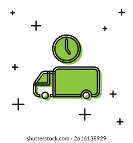 Black Logistics delivery truck and time icon isolated on white background. Delivery time icon.  Vector