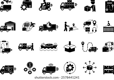 Black Logistics Icon Set. Vector Icon Delivery, Customs Clearance, Inventory, Loading, Distribution, Packaging, Warehouse, Import, Export, Transportation, Planning, Cargo and Others