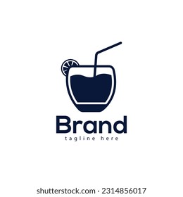 A Black Logo With A Cocktail And A Lemon On The Bottom With A Glass Of Juice. Vector Clip Art Juice Design With Premium Modern Logo Template.