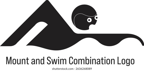 Logotipo preto combinando montanha e nadador.