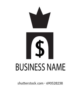 Black logo of the company on a white background. Vector picture. Dollar sign and crown.