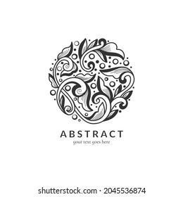 Black logo with decorative vector leaves. Elegant, classic elements. Can be used for jewelry, beauty and fashion industry. Great for, emblem, background or any desired idea.