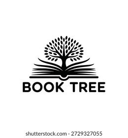 A black logo featuring an open book with a tree growing from it, forming the Book Tree symbol, on a white background