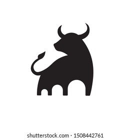 Black Logo and Icon of a Bull on White Background