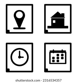 Black logo icon location address, date, time