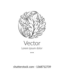 Black logo with a linear leaf ornament in a circle shape. Can be used as monogram and emblem. Luxury vintage vector template with elegant elements. Great for wallpaper or background decoration.