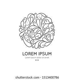 Black logo with a linear leaf ornament in a circle shape. Can be used as monogram and emblem. Luxury vintage vector template with elegant elements. Great for wallpaper or background decoration.