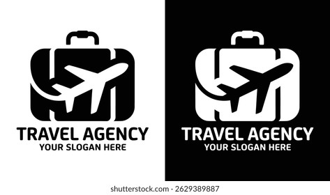 Black logo merging a classic suitcase with airplane silhouette perfect for travel agencies tour operators and adventure companies