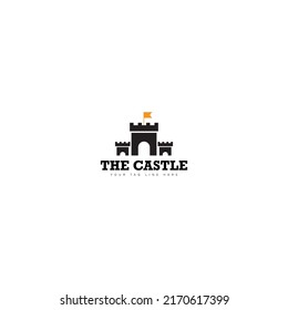Logo negro sobre fondo blanco. logotipo simple vectorial minimalista de la torre del castillo medieval para inmuebles, sitio web, empresa, marca, 