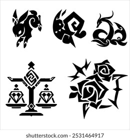 Logotipo negro sobre un fondo blanco, 3 logotipos animales, conejo, dragón y zorro, logotipo de rosa negro y logotipo de escamas