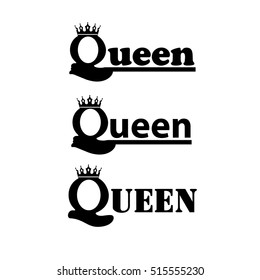 Black Logo Queen With Royal Crown Isolated Over White Background.