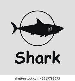 Logo negro con tiburón. Vector sobre fondo gris