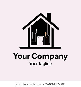 Black logo of smart home integrated with technology and simple design suitable for real estate and technology related promotions