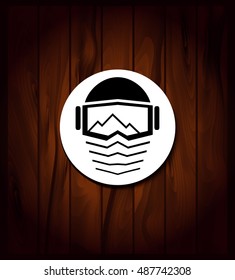 Black logo snowboarder mask on wooden boards flat design