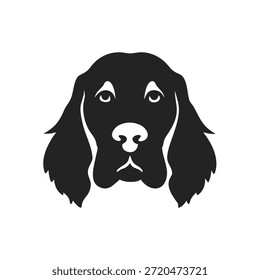 Logotipo preto spaniel cabeça do cão vista frontal.  Design gráfico da silhueta da face do cão. Isolado sobre fundo branco