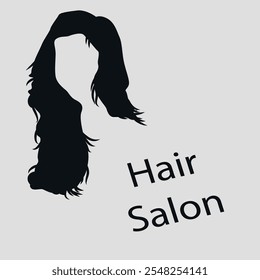 Black logo of a women's hairdressing salon. Woman's hairstyle. Long hair on the background. Vector on gray background