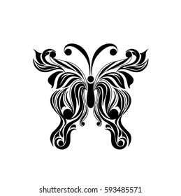 Black logotype of butterfly isolated on white background. Vector illustration in abstract style