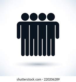 Black logotype four man. Simple silhouette information sign with gray drop shadow isolated on white background in flat style. Graphic clip-art design elements in vector illustration 8 eps