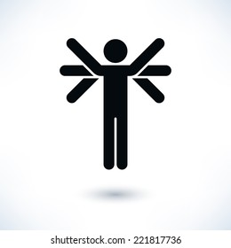 Black logotype people (man's figure) with many hands or wings in flat style. Simple silhouette sign with gray shadow isolated on white background. Graphic design elements in vector illustration 8 eps