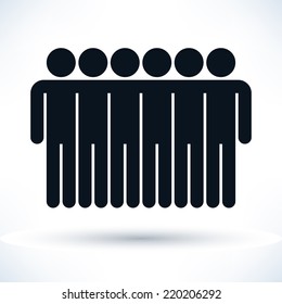 Black logotype six men. Simple silhouette information sign with gray drop shadow isolated on white background in flat style. Graphic clip-art design elements in vector illustration 8 eps