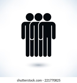 Black logotype three people (man figure) in flat style. Simple silhouette information sign with gray drop shadow isolated on white background. Graphic design elements in vector illustration 8 eps