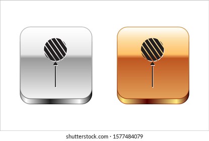 Black Lollipop icon isolated on white background. Food, delicious symbol. Silver-gold square button. Vector Illustration