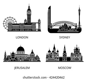 Black London Sydney Jerusalem Moscow Landmarks negative space design set. World countries cities collection.