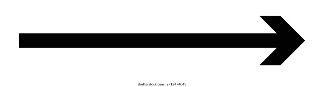 Schwarzer langer Pfeil. Abstraktes Pfeilkopfsymbol, das auf die rechte Seite zeigt. Langer Vektorpfeil einzeln auf weißem Hintergrund.